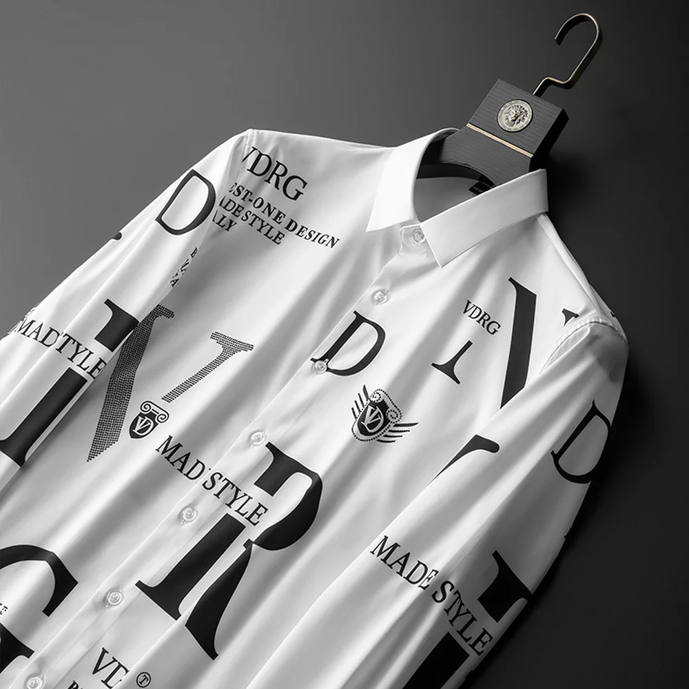 

Men Letter Print Shirts Spring And Autumn Long Sleeve Business Casual Shirt Slim Streetwear Dress Social Nightclub Chemise Homme