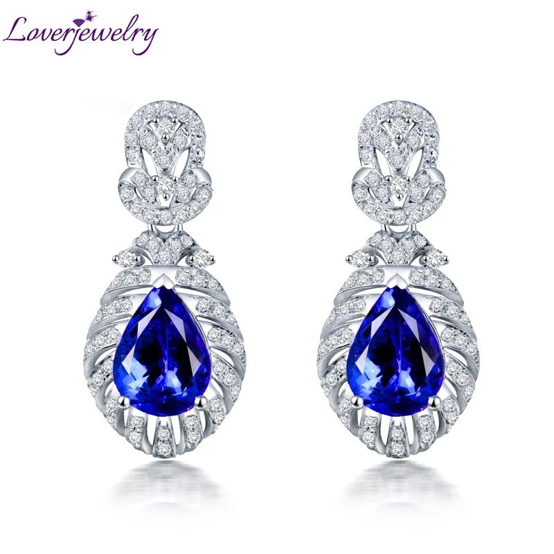 

Newest Handmade Young Lady Stud Earrings 14k White Gold Natural Tanzanite Gemstone Genuine Diamond Earrings For Women Party Gift