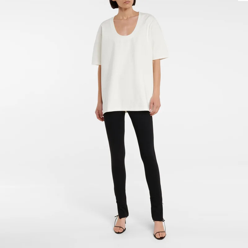 

Totem* 2021 New Women 100% Cotton U Neck T-shirt Solid Color Short Sleeve Loose Shirt Female Oversized Black White Tee Tops