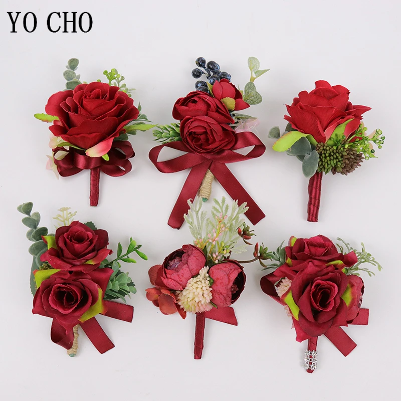 YO CHO สีแดง Boutonniere งานแต่งงาน Bridesmaid สายรัดข้อมือผ้าไหมคุณภาพสูง Rose ดอกไม้ Corsages พรหมประดิษฐ์ดอกไม้สีแ...