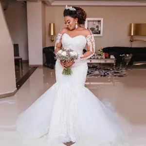 Luxury Major Beading Mermaid Wedding Dresses Long Sleeve Appliques Pearls African Wedding Gowns Plus Size Vestido de noiva