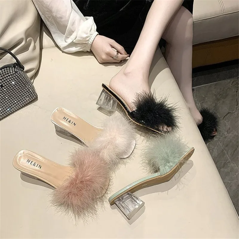 Chaussure Femme 2021 Female Sandals Sexy Autumn Slippers Ladies High Heels Square Open Toe Slides Party Shoes Zapatillas Mujer