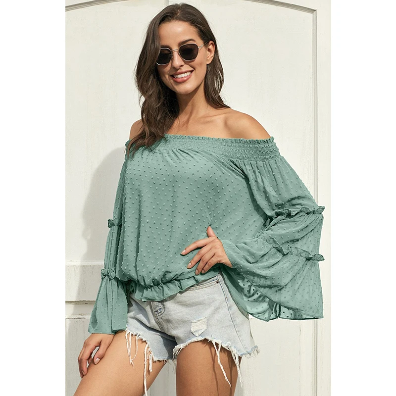 

White Dot Flare Long Sleeve Solid Blouse Women Spring Summer Office Lady Off Shoulder Elegant Loose Blouses Tops