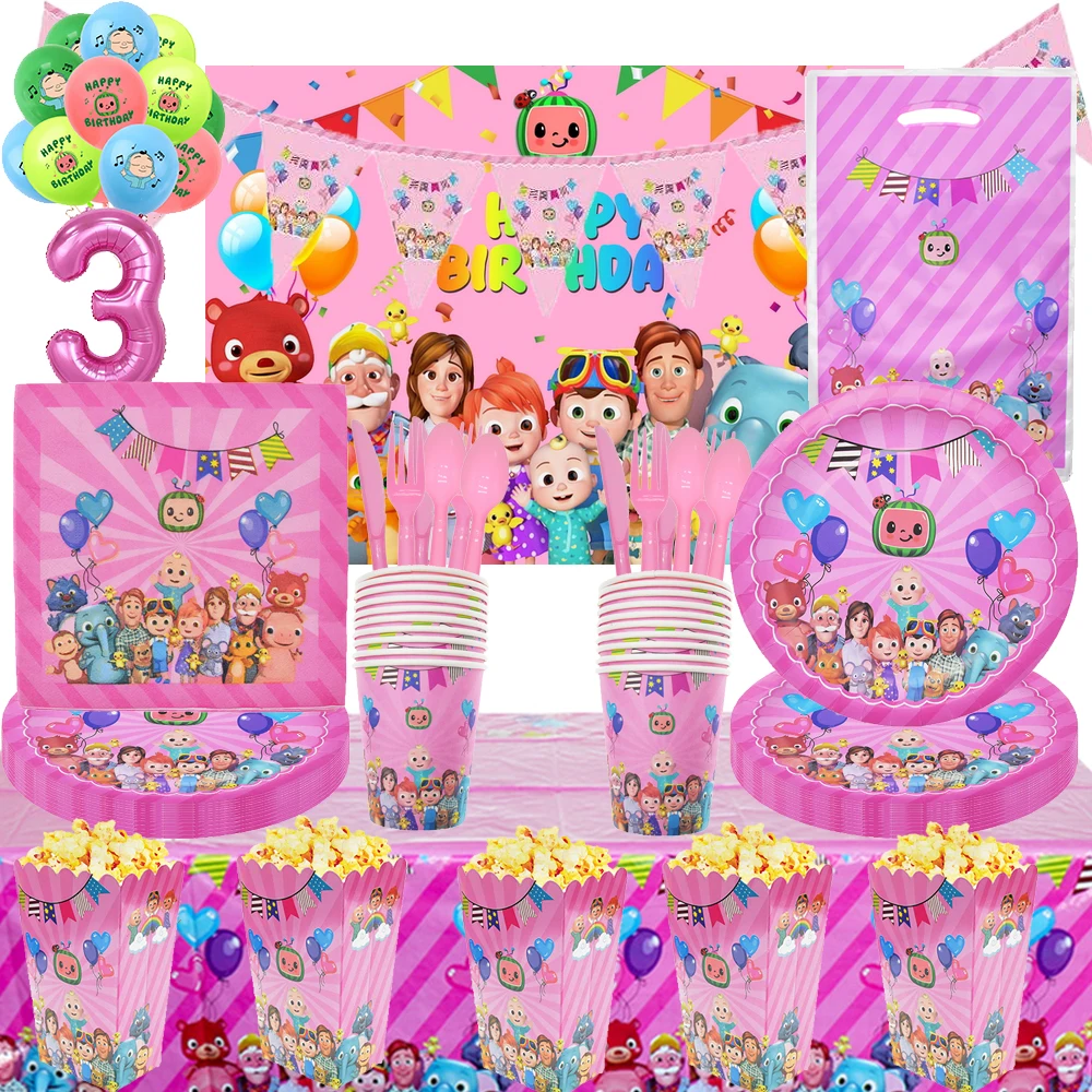Cocomelon familiar rosa para fiesta de cumplea&ntilde;os de ni&ntilde;as, juego de vajilla desechable, globo, Baby Shower, decoraci&oacute;n de fondo-0