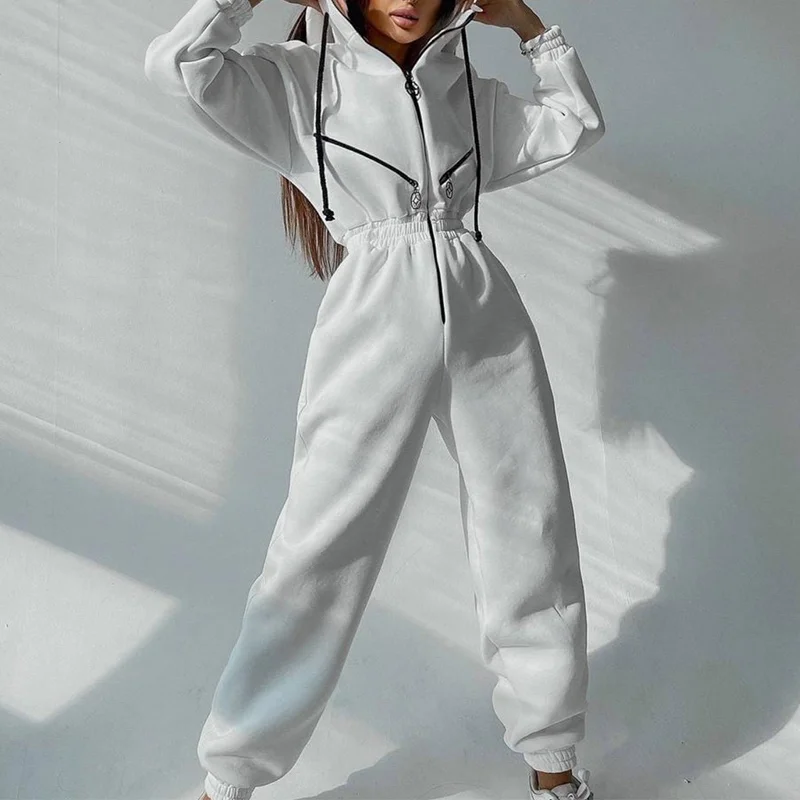 

High quality Women's pants suit 2021 Korean fashion autumn wild loose zipper hooded sweater casual pants sportswear jumpsuit