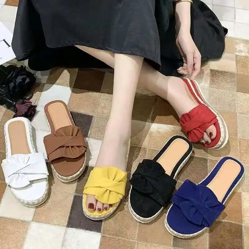 

Сандалии женские на платформе с бантом, босоножки на танкетке, Повседневная пляжная обувь, танкетка, плетеные, лето