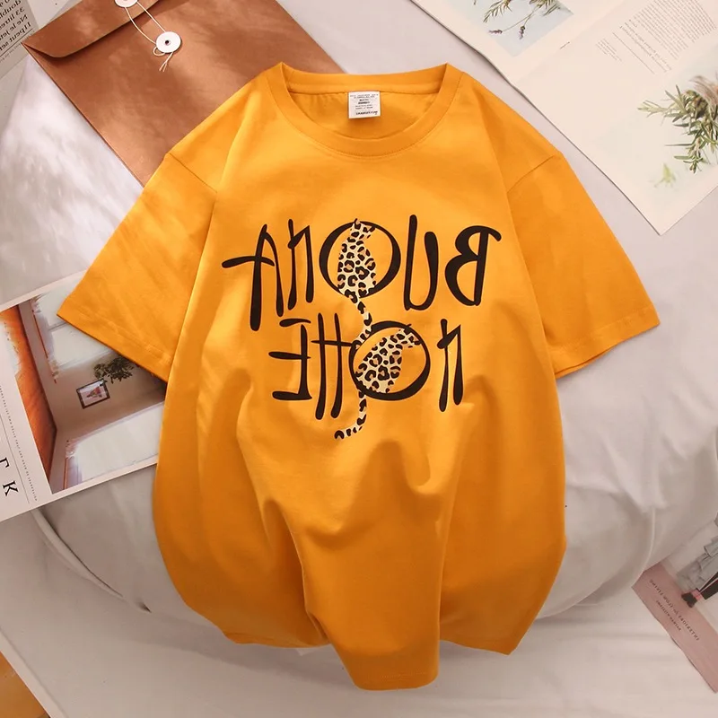 

Letter Leopard Print Women Short Sleeve ONeck Pink White Tshirt Shirts Summer 2021 Vintage Tee Shirt Oversize Tops Graphic L1825