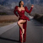 Пикантные блестящие блестками красные Разделение длинные платья для выпускного вечера; Платье с длинными рукавами, с рюшами, для выпускного бала, платья для женщин гость Свадебная вечеринка платья