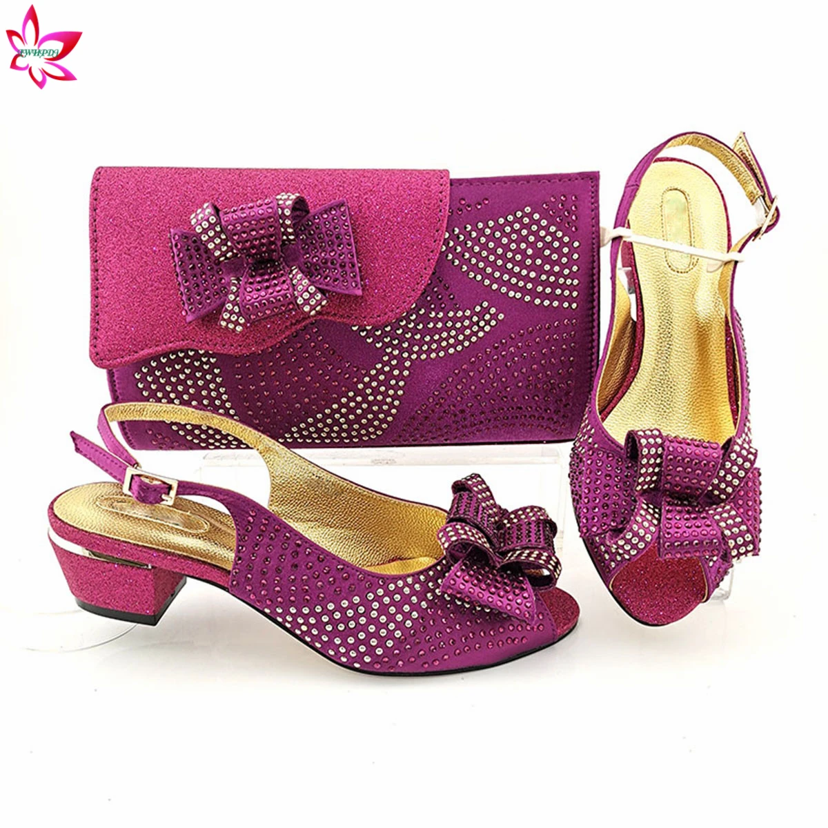 2021 Low Heels Mature Style Italian Women Shoes and Bag Set in Magenta Color Comfortable Heels Italian Lady Shoes