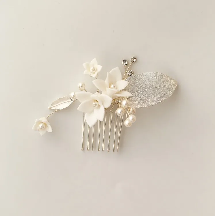 Женская небольшая гребень для волос с жемчугом белый фарфоровый цветок