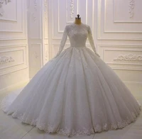 muslim long sleeve 2022 wedding dress bridal gowns dubai jewel neck lace up back appliqued sequins plus size robe de mariee