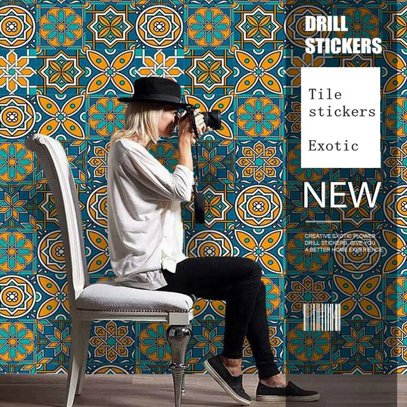 

Waterproof Mediterranean Painted Tile Stickers Kitchen Oilproof DIY Splicing Creative Decorative Flower Brick Wall Sticker Scrub