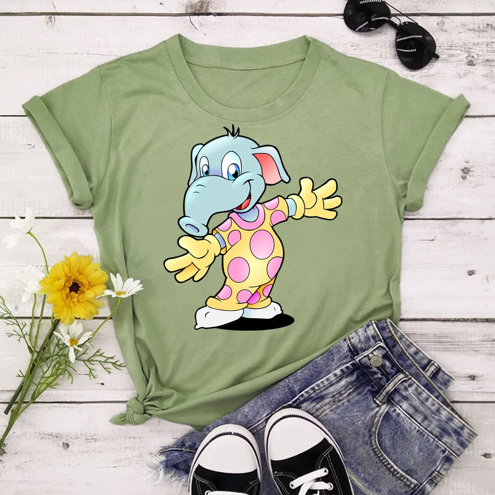 

Elephant 2021 Women Casual Harajuku Fashion T-shirt Print O-neck Short Sleeve Elastic Stretched Tee Shirt TX8345