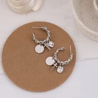 trendy hollow chain hoop earrings silver color cross round pendant statement earrings jewelry metal geometric fashion earrings