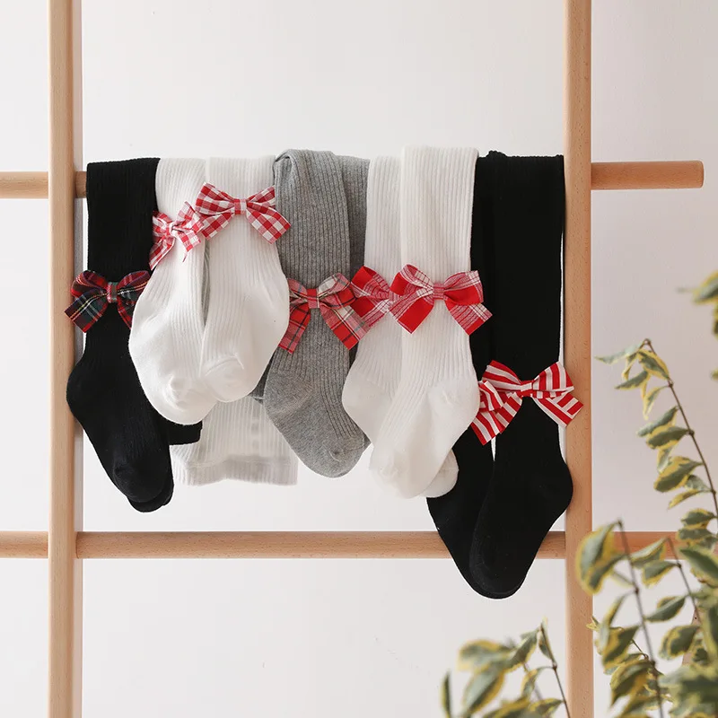 

2021 Spring Autumn Girls Pantyhose Nordic British Handmade Plaid Big Bow Kids Children Tights Cotton Cute Toddlers Baby leggings