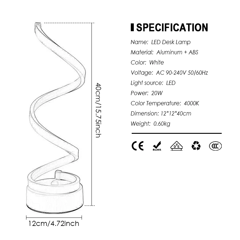 

20W Spiral LED Desk Lamp, Curved Table Lamp, Modern Minimalist Lighting Design, Modern Light for Living Room and Bedroom