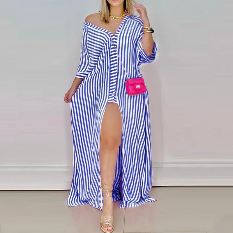 

Женское платье-рубашка в полоску, Повседневное Платье макси с леопардовым принтом, на пуговицах, с V-образным вырезом и длинным рукавом, элег...