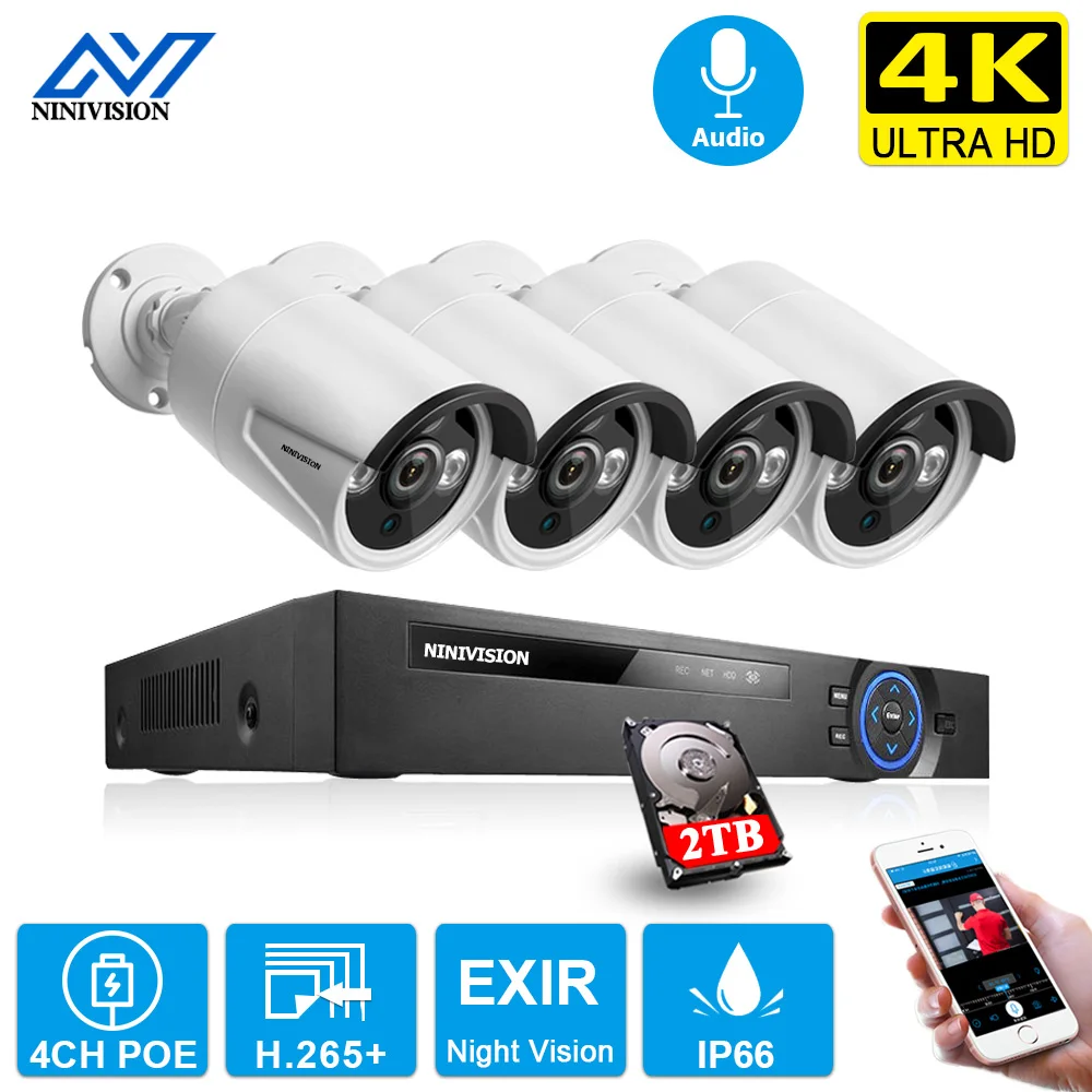 

ONVIF 4CH POE CCTV NVR Kits IR Indoor Outdoor Ports Embedded Plug & Play 4K H.265 NVR+ 8MP IP Camra XMeye P2P Video