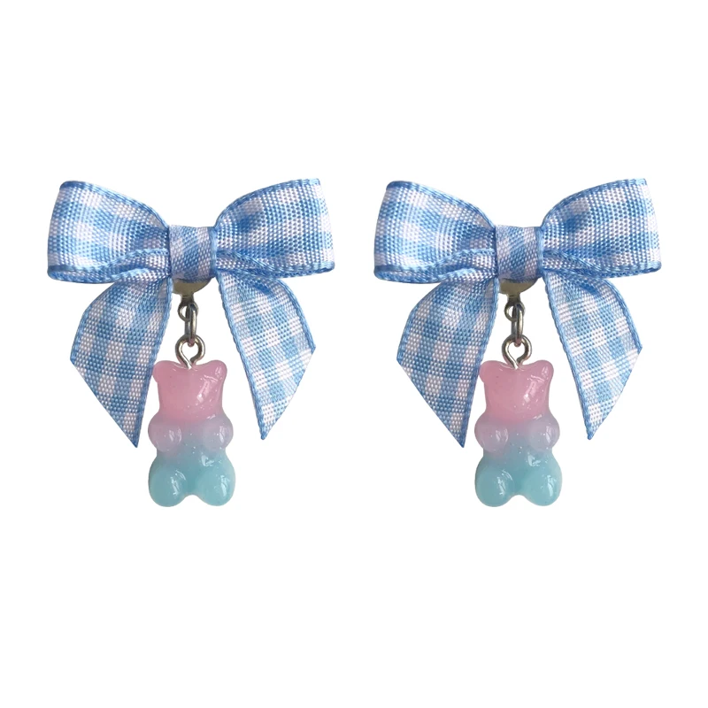 

Original Style ~ Sweet Girl Blue Bow Bear Earrings Pink Cute Sister Japanese Ear Studs Ear Clip