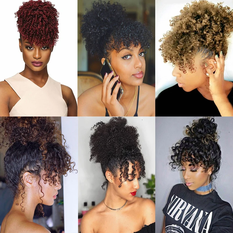 

Afro Kinky Curly Drawstring Puff Ponytail Chignon with Bangs Clip In Pony Tail Ombre Brown Synthetic Hair Bun Brown Gray Blonde