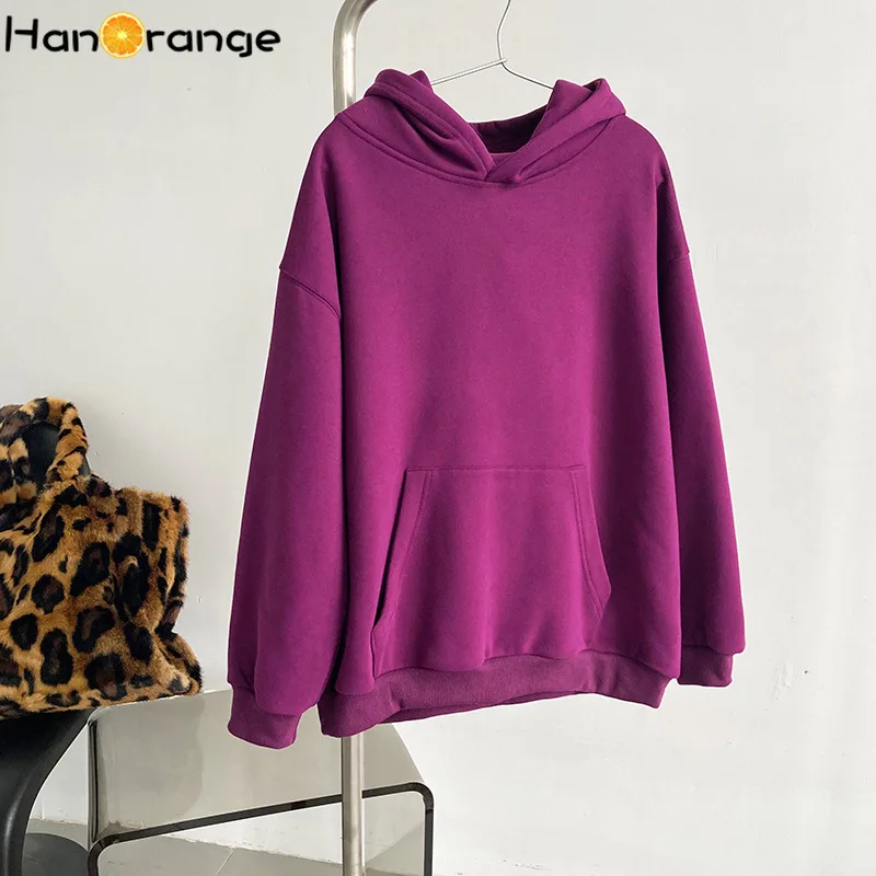 

HanOrange оливково-зеленые толстовки с капюшоном для женщин плюс бархат утолщение 2022 Осень Зима Свободный стиль пуловер Топ