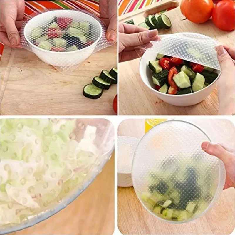 

4pcs/set Silicone Food Wraps Reusable Keeping Food Stretch Seal Cover Vacuum Pot Wrap Lid Accessories Kitchen Fresh Saran E6X9