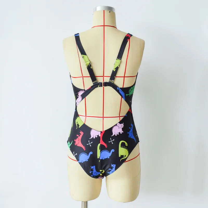 Черный Цельный купальник с динозаврами женский 2019 пляжный вырезами купальный