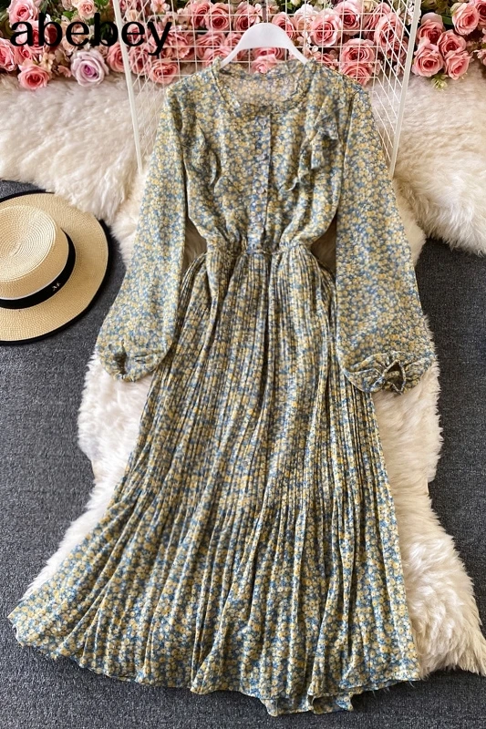 

2021 Bohemian O Neck Women's Dress long puff sleeve Floral Printed Holiday Ruffles Long Dress Pleated Vestido A LIne