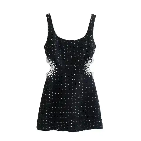 BBWM 2021 New Women Vintage Tweed Black Plaid Hollow Out Dress Female Casual Pearl Decoration Slim Square Collar Mini Dresses
