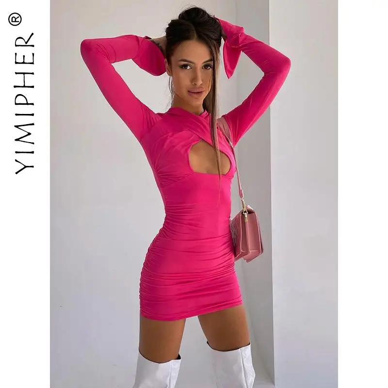 

Осеннее однотонное платье с длинными расклешенными рукавами, эластичное облегающее платье с рюшами, женское соблазнительное мини-платье с ...