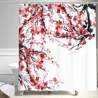 Japanese Cherry Blossom Bathroom Shower Curtains  Anime Spring Plum Red Pink Floral Sakura Ink Painting Flowers Bath Curtain Set