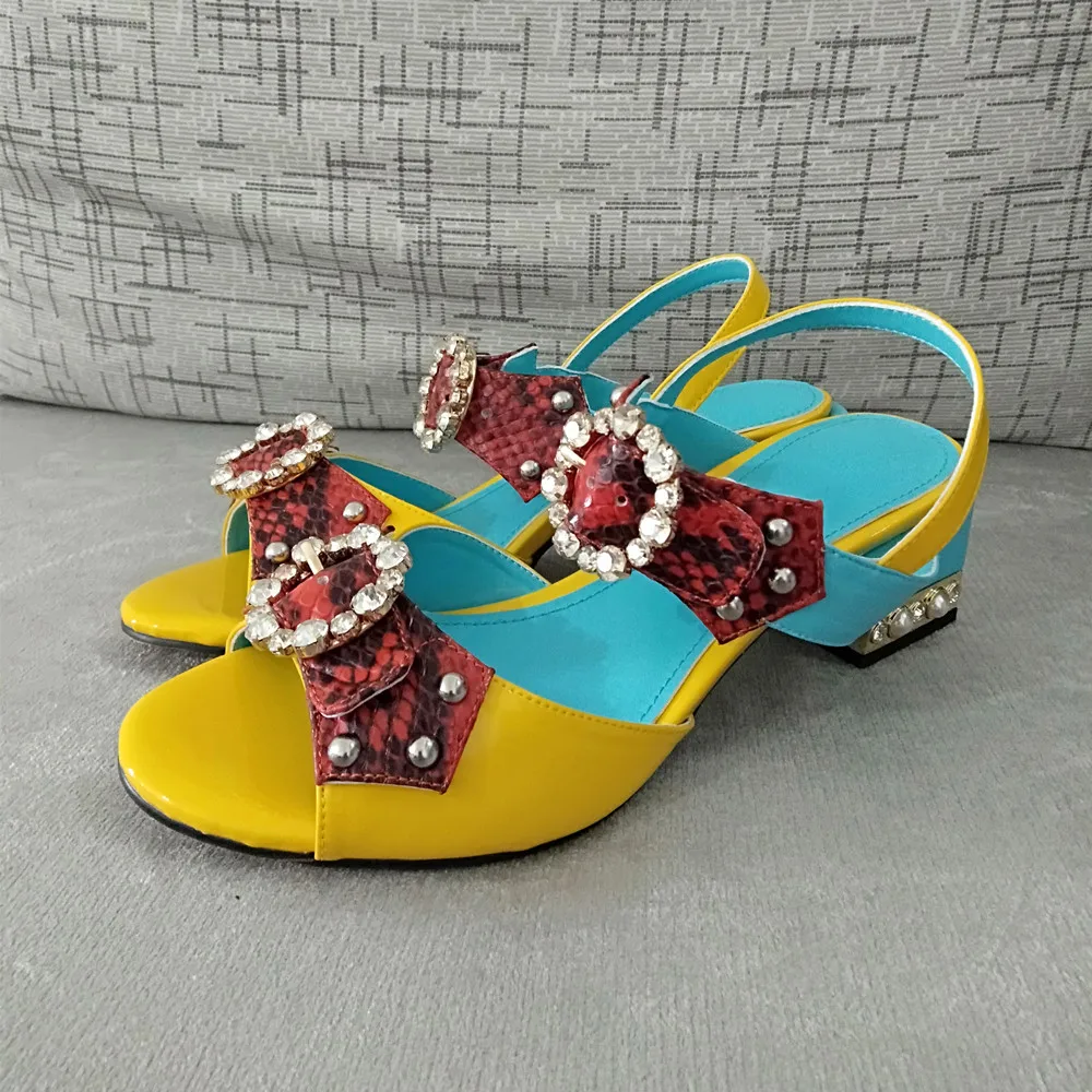 Orange Heel 10cm Летние Роскошные вечерние туфли с металлическими кристаллами; Босоножки с открытым носком на квадратном не сужающемся книзу массивном каблуке; Новинка; стразы с бантом; Sandalias Mujer - Цвет: Orange Heel 10cm