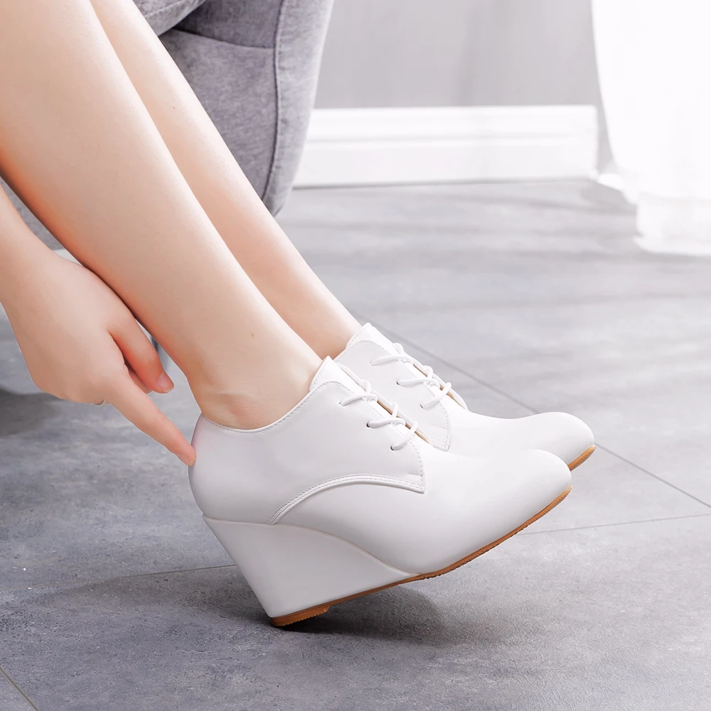 Crystal Queen Ankle Boots Wedges Female Lace Up Platforms Autumn Winter White Shoes Woman High Heels