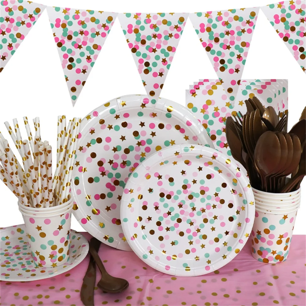 

Pink Bronzing Disposable Plates For The Wedding Gold Dot Decoration For Birthday Party Baby Shower Star Kids Party Tableware Set