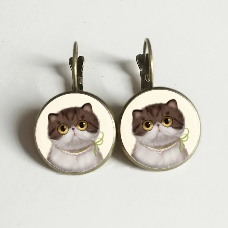Fashion Cute Cat Stud Earring For Women Glass Cabachon Bezel Brincos Perola Art Photo Dome Round Earrings Jewelry | Украшения и