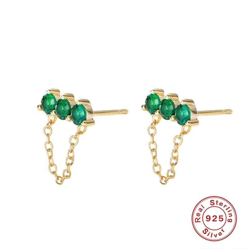 

BOAKO Bohemia 925 Sterling Silver Green Emerald Color CZ Stone Cute Link Chain Stud Earrings for Women Wedding Earrings Piercing