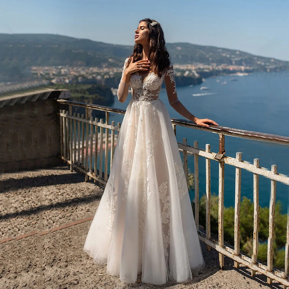 

Charming V Neck Illusion Long Sleeve Applique Zipper Back Tulle A Line Wedding Dress Vintage Floor Length Bridal Gown