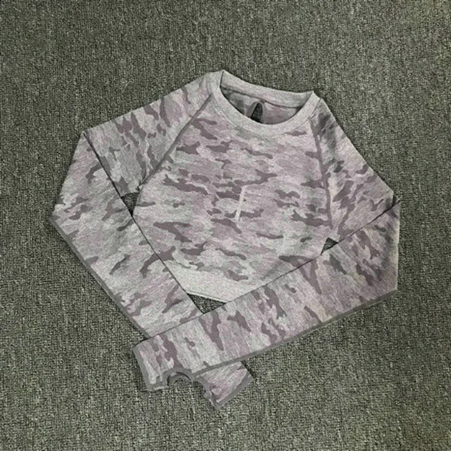 Purple Long sleeve SALSPOR Camo Seamless Yoga Set Women Shark Fitness Clothing Camo Leggings+ High Impact Sport Bra 2 Pcs Gym Sportswear Tracksuit - Цвет: Purple Long sleeve