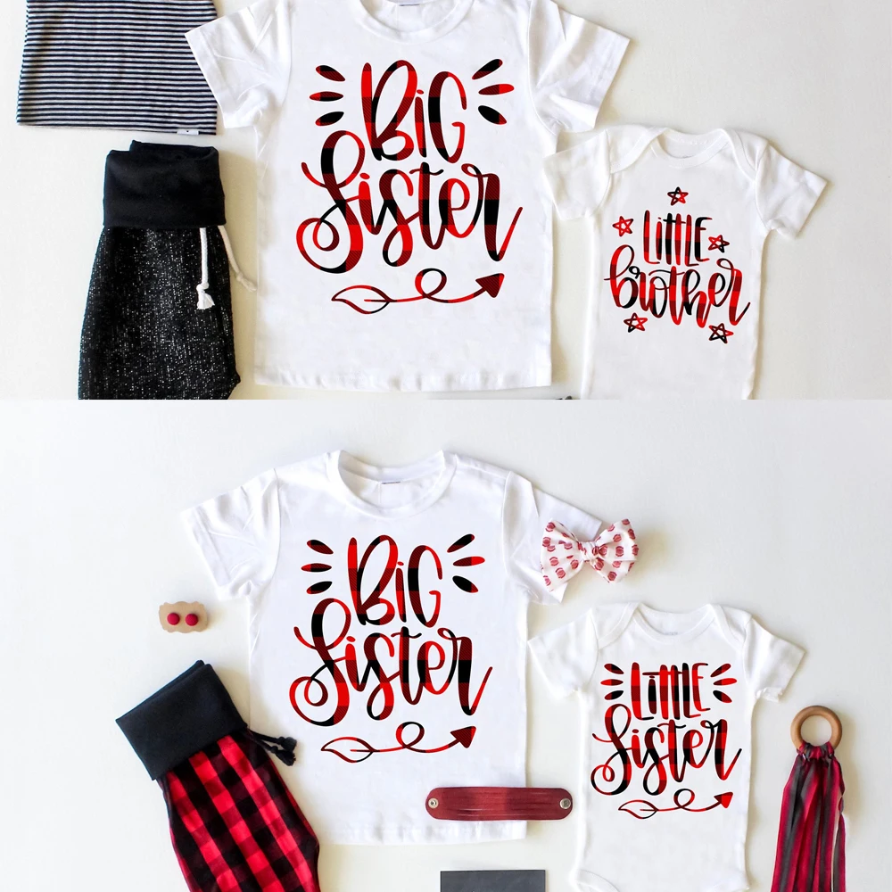 Conjunto de ropa a juego para hermana mayor y hermano peque&ntilde;o, Camiseta estampada de cuadros de B&uacute;falo, conjunto de ropa familiar, 1 ud.-0