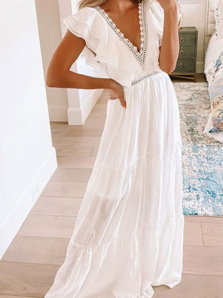 

Women's 2021 spring and summer new white lace V-neck long skirt dress women