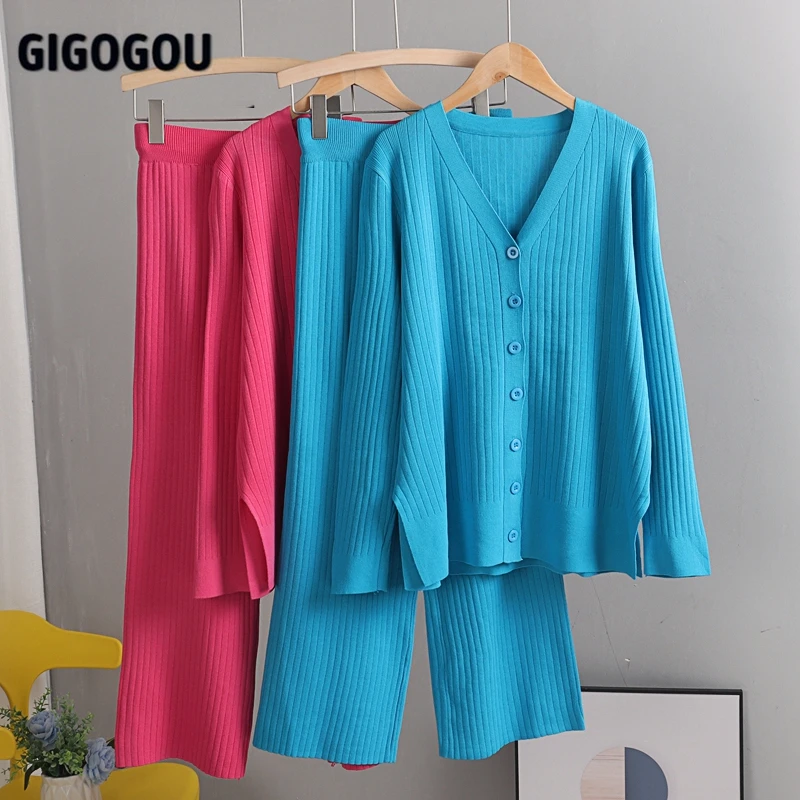 Женский свитер GIGOGOU вязаный джемпер в рубчик + широкие брюки весенние комплекты