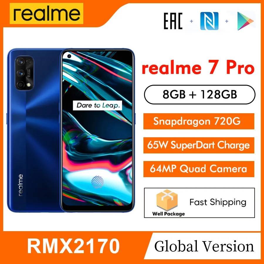Realme 7 Pro RMX2170 NFC Global 6 4 ''FHD + 8 Гб 128 64MP 4500mAh Смартфон Snapdragon 720 г 65 Вт SuperDart Charge