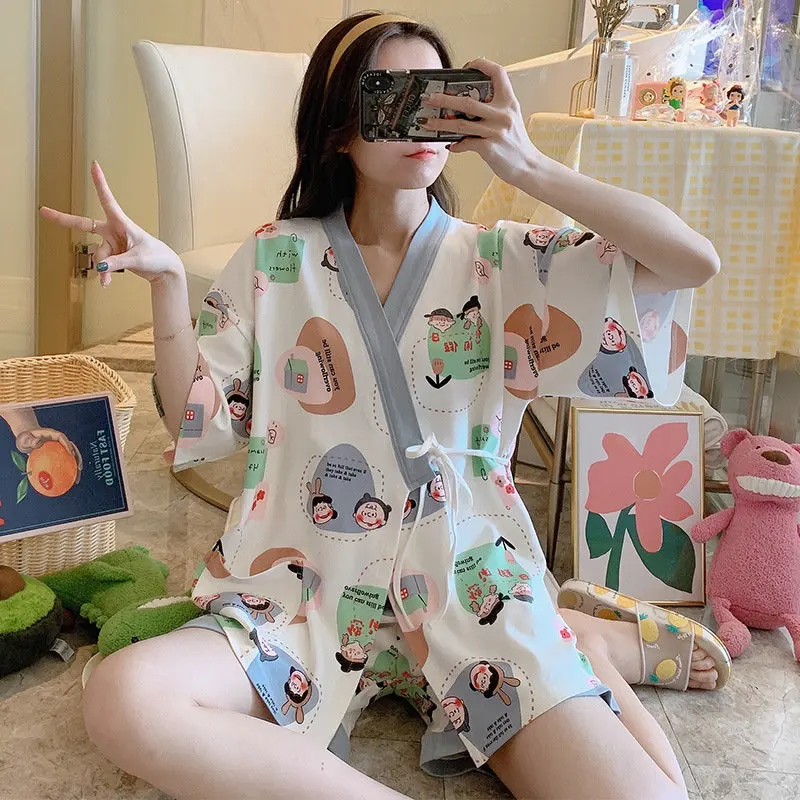 Kimono Pajamas For Women Cotton Cozy Homewear Short Sleeve 2022 Japan Anime Kimono Mujer Pink Peach Harajuku Girls Sleepwear