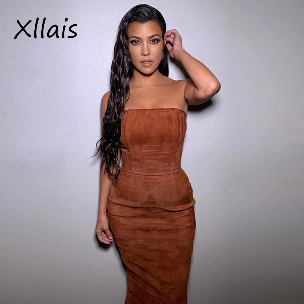 

Элегантное коричневое платье без бретелек XLLAIS, пикантное облегающее вечернее платье на день рождения для клуба и вечеринки, женская зимняя ...