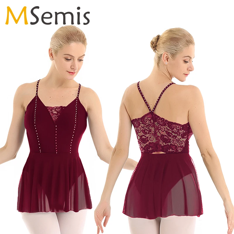 

Women Ballet Dance leotard Dress Spaghetti Shoulder Straps with Shiny Rhinestones Lace Back Leotard Bodysuit Dance Costume Women