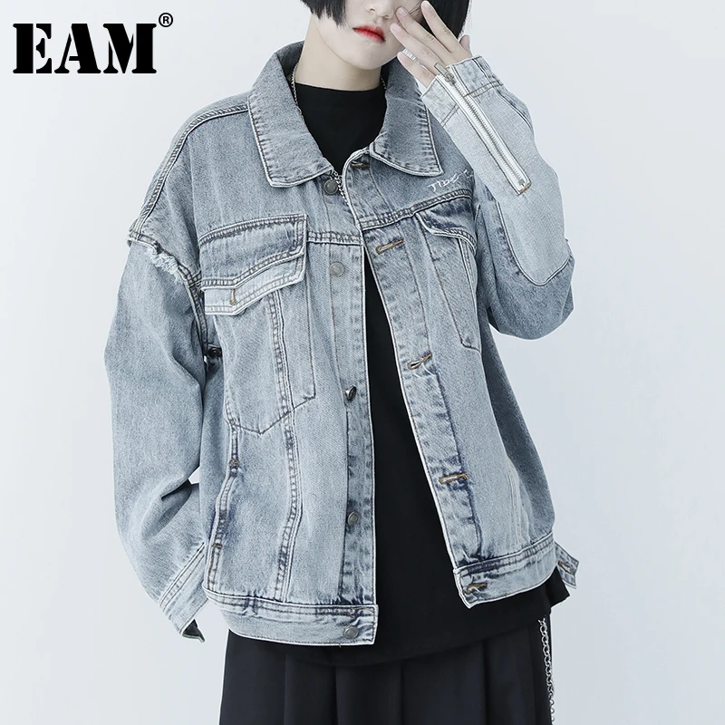 

[EAM] Loose Fit Blue Two Ways Wear Denim Big Size Jacket New Lapel Long Sleeve Women Coat Fashion Spring Autumn 2021 1DE2223