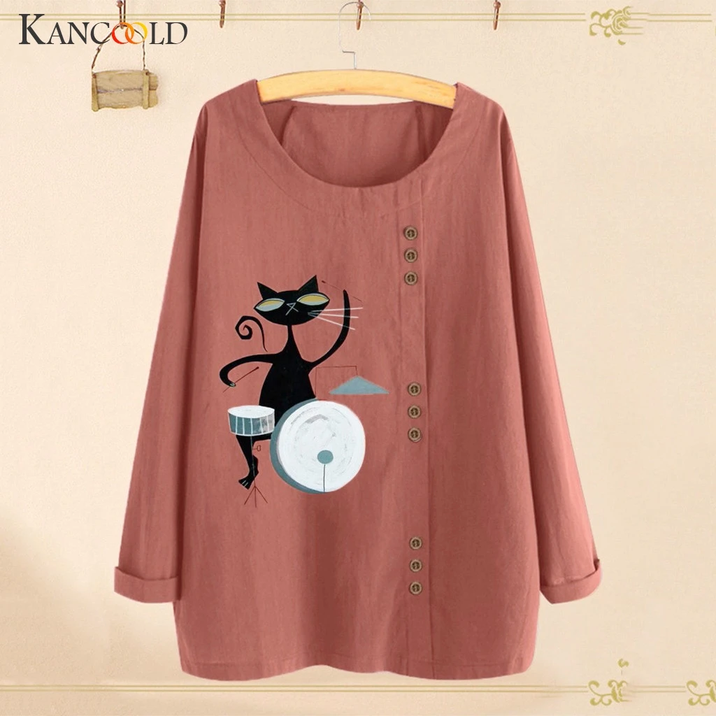 Женская хлопковая льняная блузка KANCOOLD мешковатая рубашка с длинным рукавом и