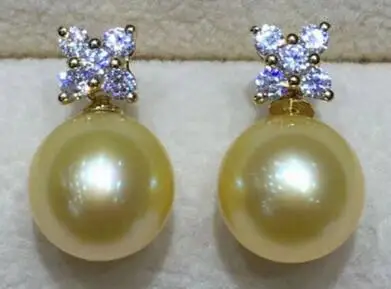 

free shipping>>>>noble jewelry AAA 8-9mm round natural real south sea gold pearl earrings 14K yellow gold