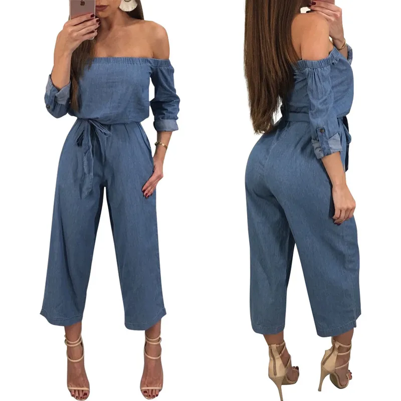 Женский джинсовый комбинезон летний сексуальный с открытыми плечами длинным