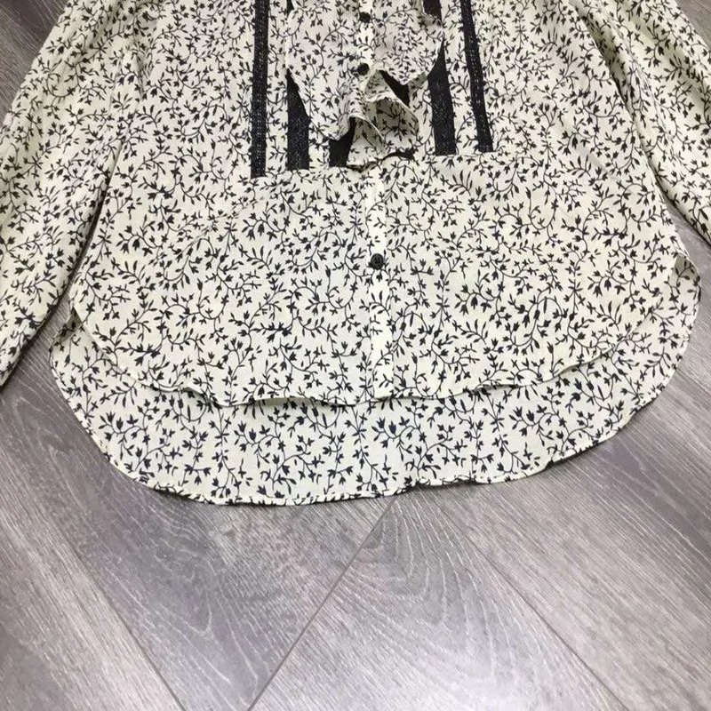 2020 new light yellow floral stand collar ruffled lace trim long sleeve shirt